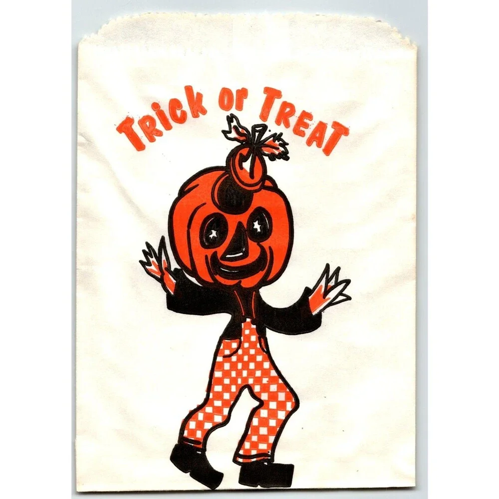 Trick Or Treat Halloween Candy Goodie Bag Goblin Pumpkin Head Man JOL Vintage